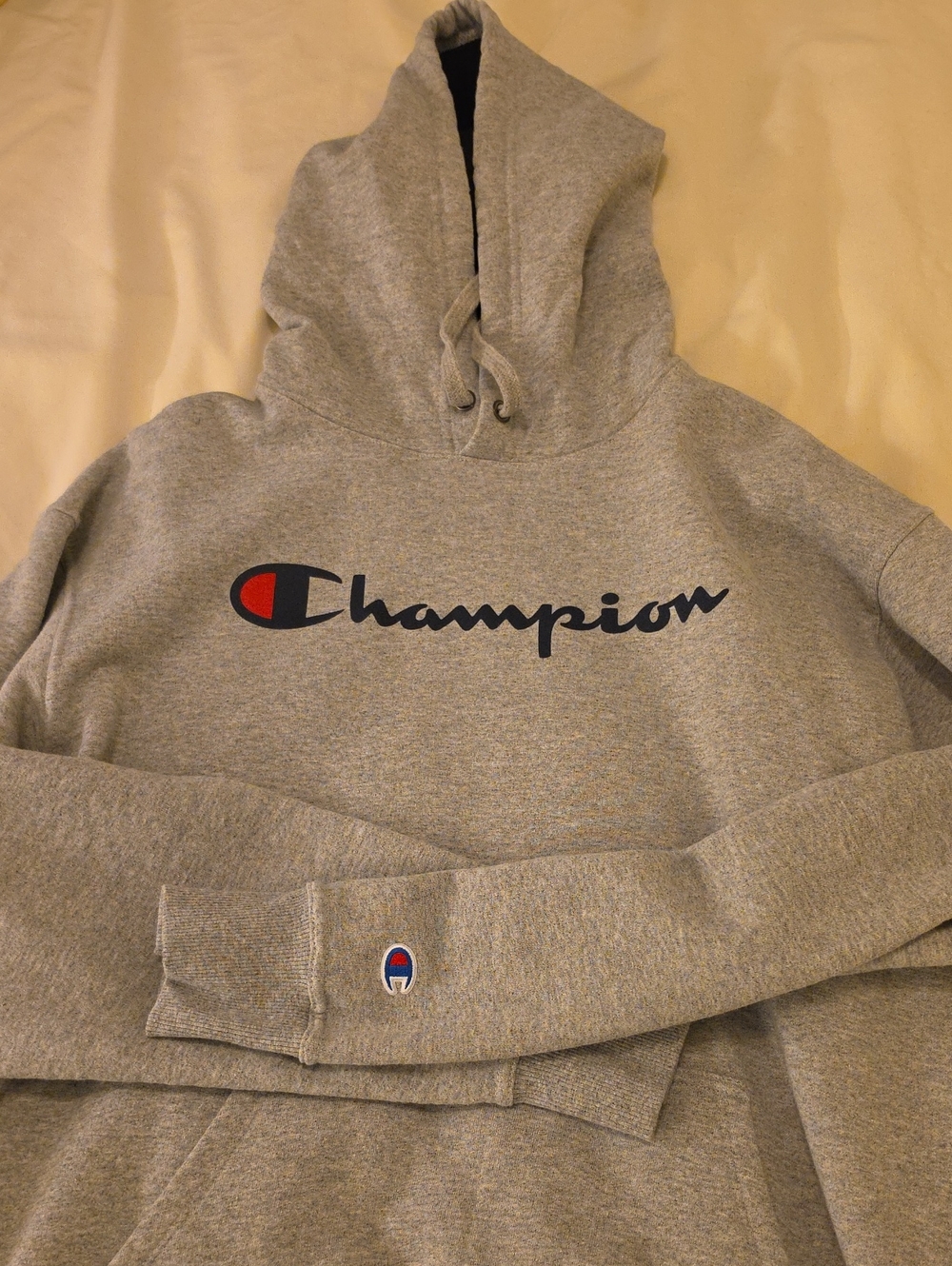 Champion Gray Hoodie with Navy Script and Red Accent